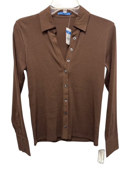 J. McLaughlin Size S Brown Pima Cotton Ribbed Long Sleeve Button Up Collared Top Brown / S
