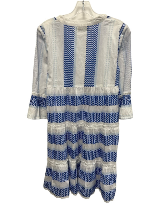Bindu Size XS Blue & White Cotton V Neck Chevron Stripe Ruffle Above Knee Dress Blue & White / XS