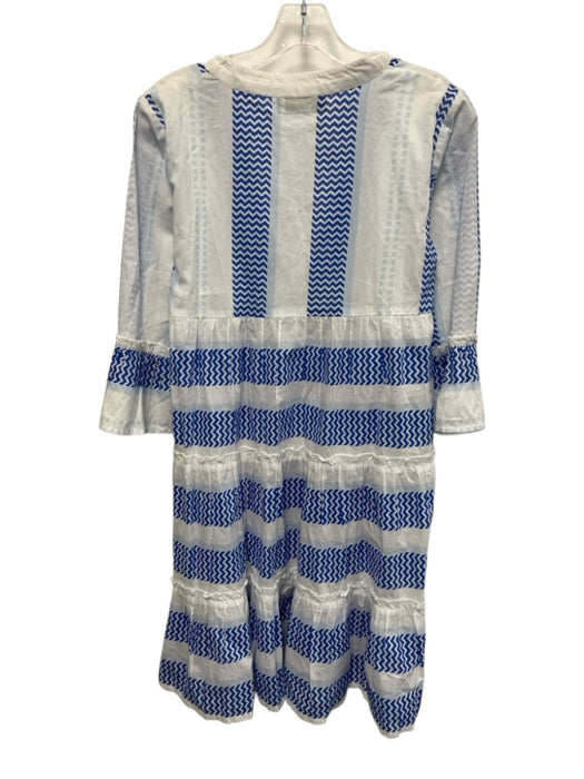 Bindu Size XS Blue & White Cotton V Neck Chevron Stripe Ruffle Above Knee Dress Blue & White / XS