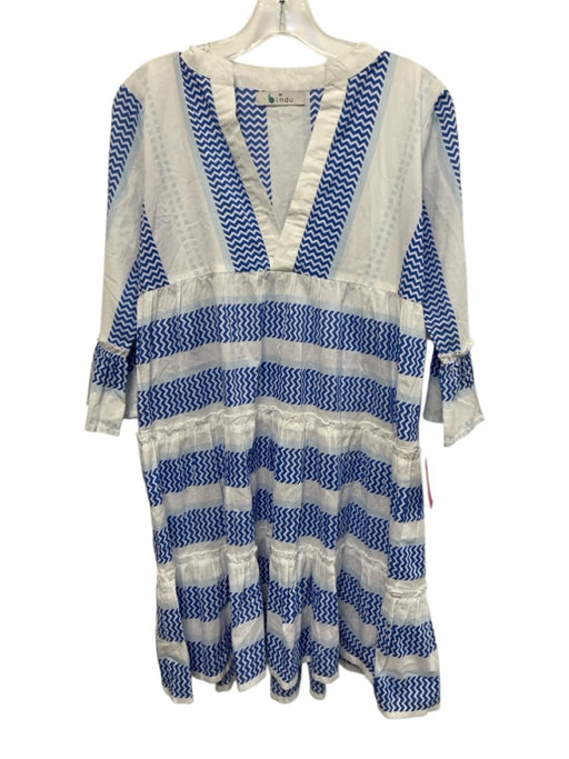 Bindu Size XS Blue & White Cotton V Neck Chevron Stripe Ruffle Above Knee Dress Blue & White / XS