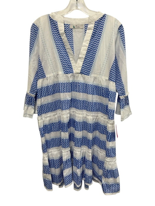 Bindu Size XS Blue & White Cotton V Neck Chevron Stripe Ruffle Above Knee Dress Blue & White / XS