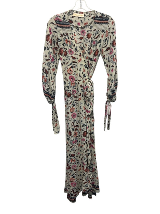 Natalie Martin Size XS Beige, Navy, Red Silk Flowers & Leaves Wrap Maxi Dress Beige, Navy, Red / XS