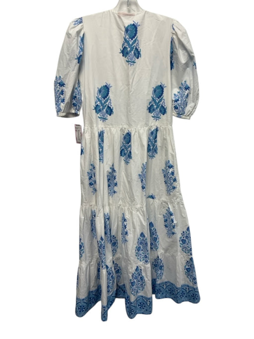 Oliphant Size XS White & Blue Cotton Block Printed Botanical Puff Sleeve Dress White & Blue / XS