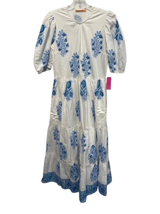 Oliphant Size XS White & Blue Cotton Block Printed Botanical Puff Sleeve Dress White & Blue / XS
