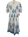 Oliphant Size XS White & Blue Cotton Block Printed Botanical Puff Sleeve Dress White & Blue / XS