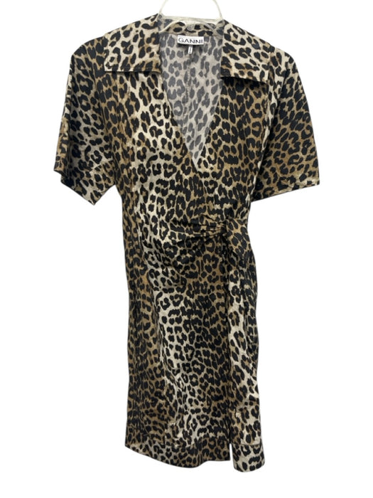 Ganni Size 36 / Small Brown & Cream Cotton Collar Leopard Print Wrap Dress Brown & Cream / 36 / Small