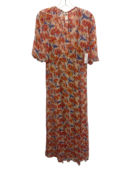 Natalie Martin Size XS Orange, Blue, Beige Viscose Sheer Overlay Floral Dress Orange, Blue, Beige / XS