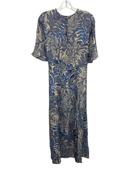 Natalie Martin Size XS Blue & Beige Silk Abstract Leaves Maxi Dress Blue & Beige / XS