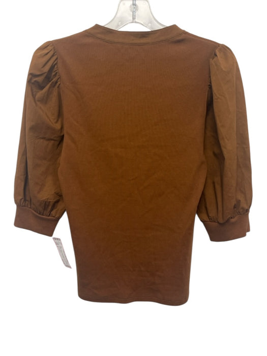 Veronica Beard Size S Brown Pima Cotton Blend Ribbed Puff Sleeve Henley Top Brown / S