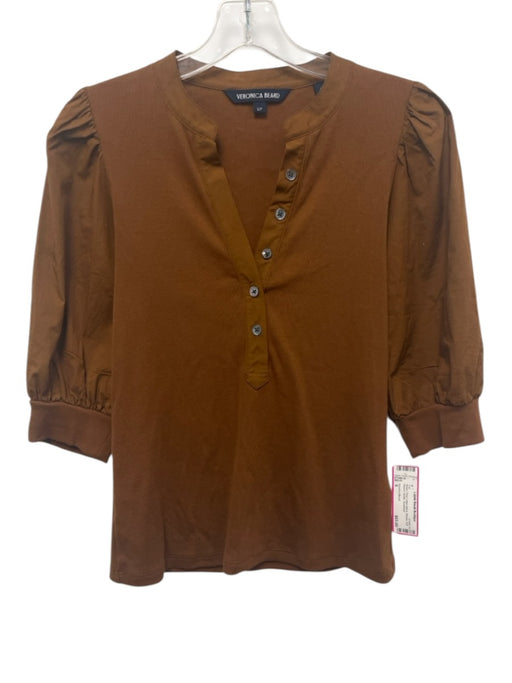 Veronica Beard Size S Brown Pima Cotton Blend Ribbed Puff Sleeve Henley Top Brown / S