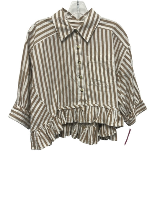 We The Free Size XS Tan & White Cotton Ruffle Stripe Short Sleeve Top Tan & White / XS