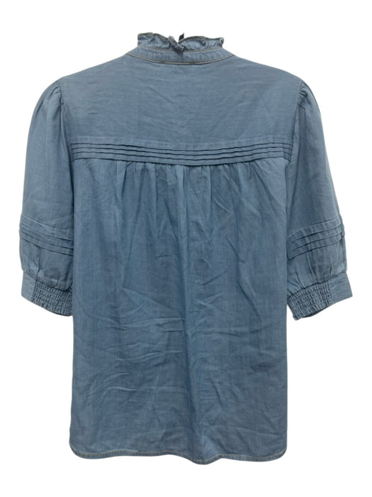 ME+EM Size 4 Blue Cotton Pintuck Ruffle Neckline Short Sleeve Button Down Top Blue / 4