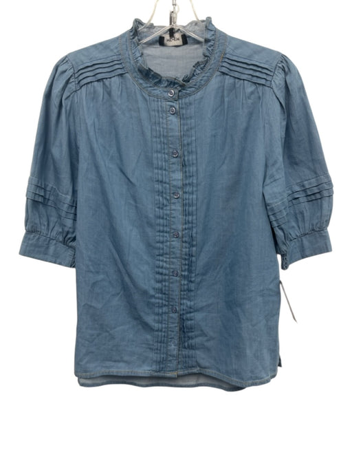 ME+EM Size 4 Blue Cotton Pintuck Ruffle Neckline Short Sleeve Button Down Top Blue / 4