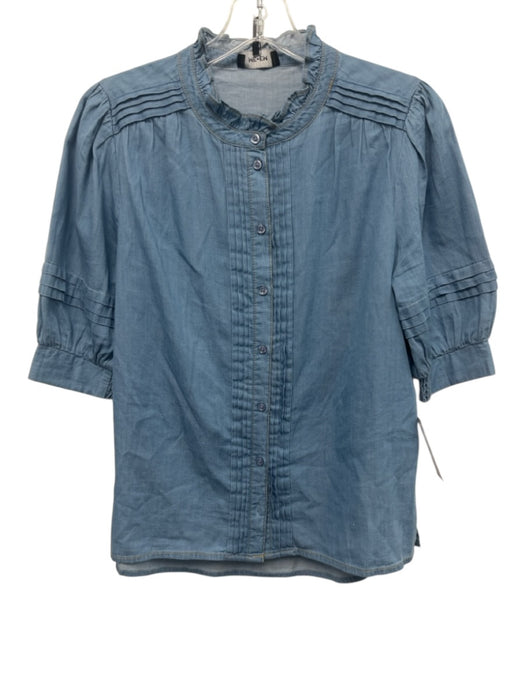ME+EM Size 4 Blue Cotton Pintuck Ruffle Neckline Short Sleeve Button Down Top Blue / 4