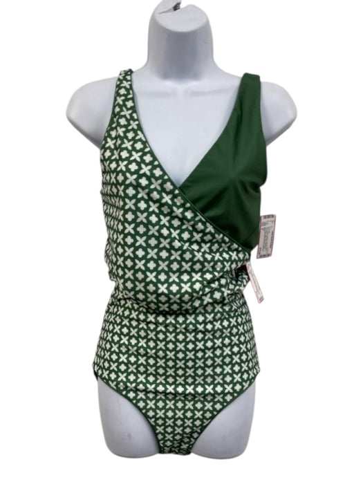 Baiia Size 6 Green & White Polyester Blend Geometric High Waist Swimsuit Green & White / 6