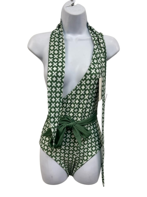 Baiia Size 4 Green & White Polyester Blend Sash Geometric One Shoulder Swimsuit Green & White / 4