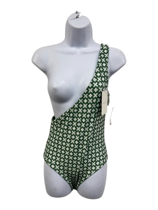 Baiia Size 4 Green & White Polyester Blend Sash Geometric One Shoulder Swimsuit Green & White / 4