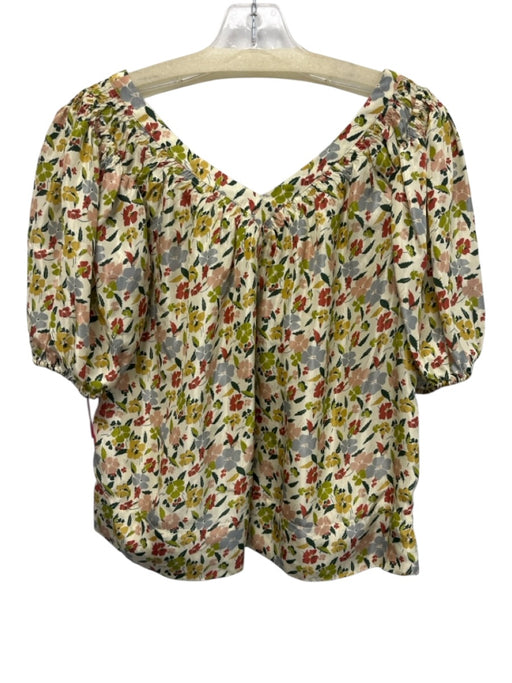 The Great Size 0 Green, Beige, Multi Silk Floral V Neck Puff Sleeve Top Green, Beige, Multi / 0