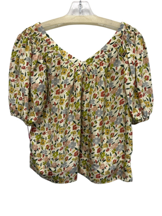 The Great Size 0 Green, Beige, Multi Silk Floral V Neck Puff Sleeve Top Green, Beige, Multi / 0
