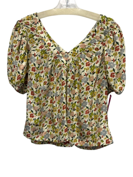 The Great Size 0 Green, Beige, Multi Silk Floral V Neck Puff Sleeve Top Green, Beige, Multi / 0