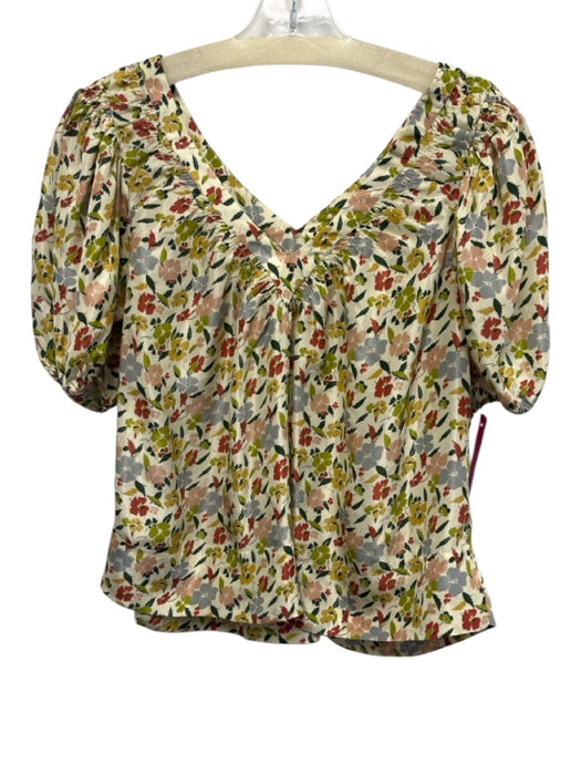 The Great Size 0 Green, Beige, Multi Silk Floral V Neck Puff Sleeve Top Green, Beige, Multi / 0