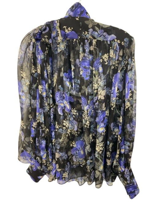 Zimmermann Size 0P Black, Blue, Green Silk Long Sleeve Floral Button Front Top Black, Blue, Green / 0P