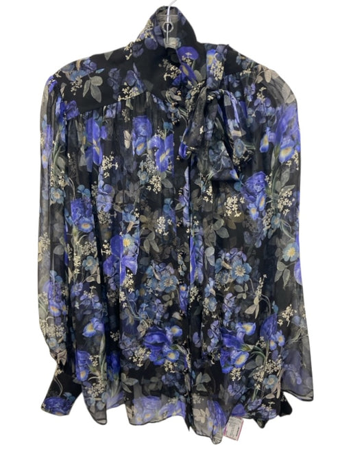 Zimmermann Size 0P Black, Blue, Green Silk Long Sleeve Floral Button Front Top Black, Blue, Green / 0P