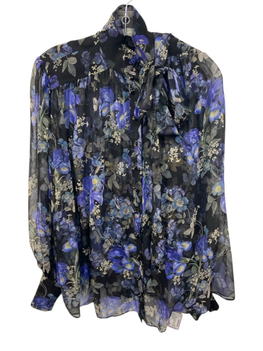Zimmermann Size 0P Black, Blue, Green Silk Long Sleeve Floral Button Front Top Black, Blue, Green / 0P