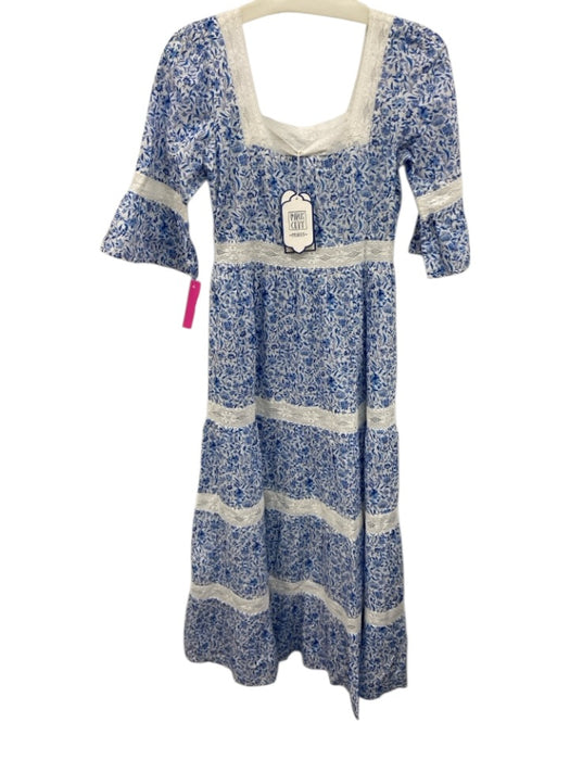 Pink City Prints Size XS Blue & White Cotton Half Sleeve Floral Lace Trim Dress Blue & White / XS