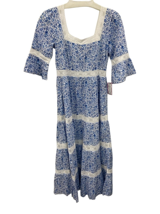 Pink City Prints Size XS Blue & White Cotton Half Sleeve Floral Lace Trim Dress Blue & White / XS