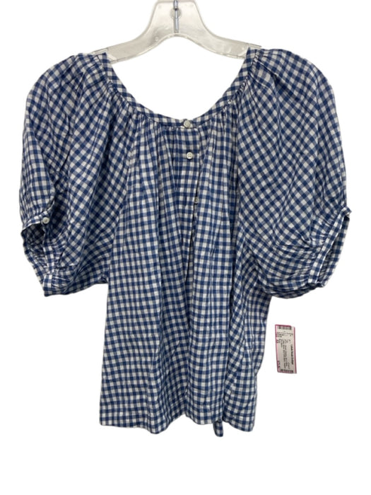 Doen Size XS Blue & White Cotton Blend Short Puff Sleeve Gingham Top Blue & White / XS