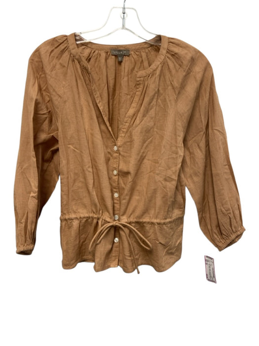 Lilla P Size XS Tan Brown Cotton Long puff sleeve Plaid Button Front Top Tan Brown / XS