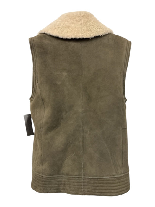 Vince Size XS Olive Green & Cream Lamb Shearling Zip Front Pockets Vest Olive Green & Cream / XS