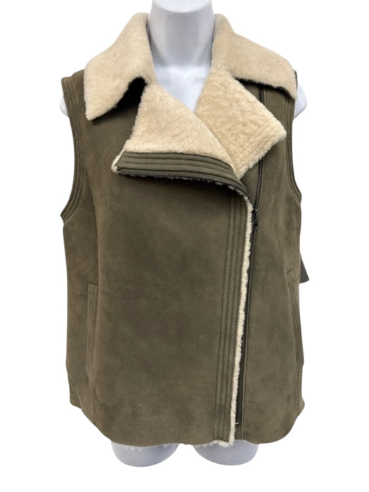 Vince Size XS Olive Green & Cream Lamb Shearling Zip Front Pockets Vest Olive Green & Cream / XS