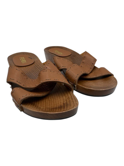 Fendi Shoe Size 10.5 Brown Leather & Wood Criss Cross Stitching Mules Sandals Brown / 10.5