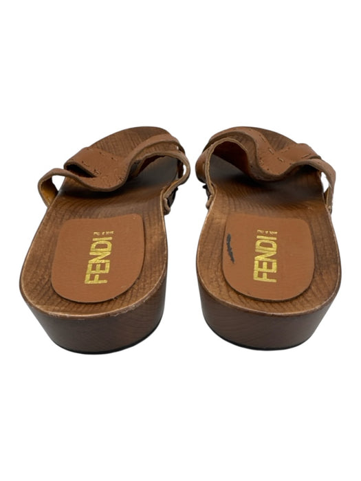 Fendi Shoe Size 10.5 Brown Leather & Wood Criss Cross Stitching Mules Sandals Brown / 10.5