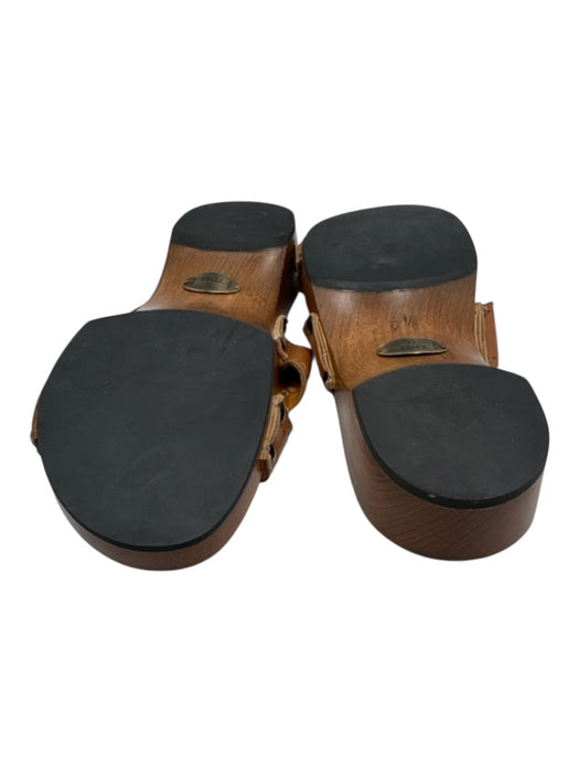 Fendi Shoe Size 10.5 Brown Leather & Wood Criss Cross Stitching Mules Sandals Brown / 10.5