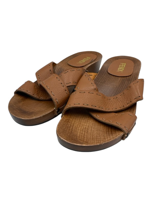 Fendi Shoe Size 10.5 Brown Leather & Wood Criss Cross Stitching Mules Sandals Brown / 10.5