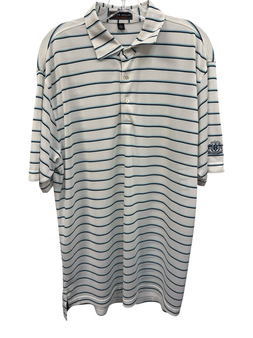 Peter Millar Size L White & Blue Polyester Striped Polo Men's Short Sleeve White & Blue / L