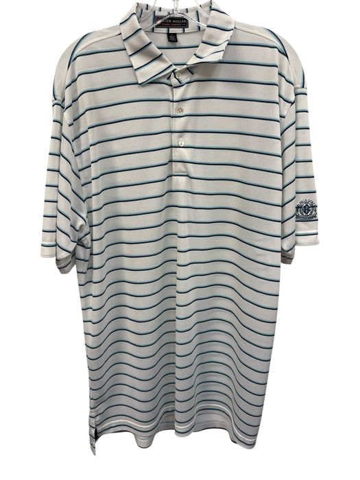 Peter Millar Size L White & Blue Polyester Striped Polo Men's Short Sleeve White & Blue / L