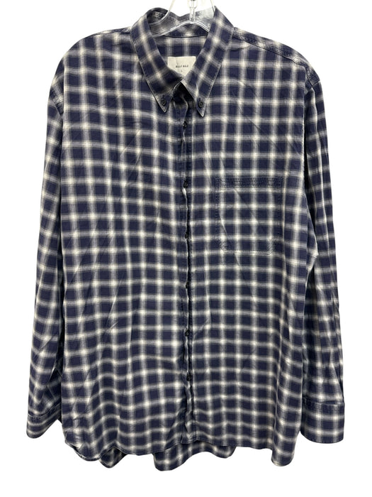 Billy Reid Size L Navy Blue & White Cotton Plaid Button Down Long Sleeve Shirt Navy Blue & White / L