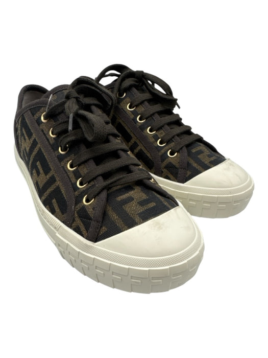 Fendi Shoe Size 9 Brown, White, Tan Canvas & Rubber Lace Up Low Top Sneakers Brown, White, Tan / 9