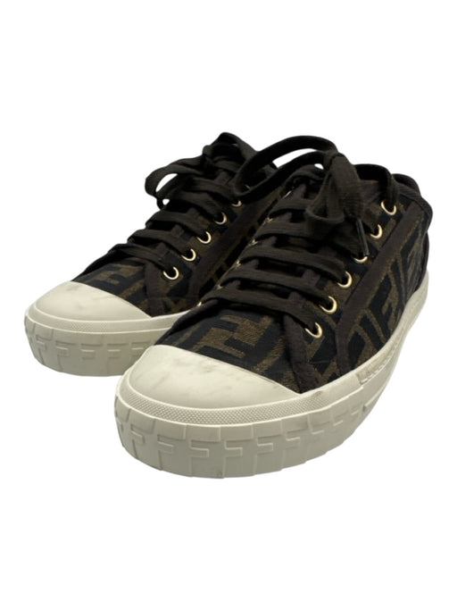 Fendi Shoe Size 9 Brown, White, Tan Canvas & Rubber Lace Up Low Top Sneakers Brown, White, Tan / 9