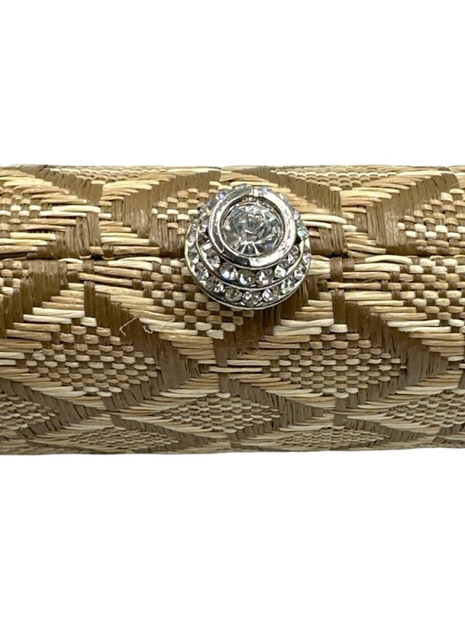 JNB Beige & Tan Straw Crystal Woven Clam Shell Clutch Bag Beige & Tan / Mini