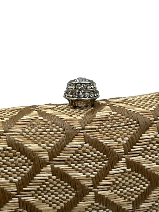 JNB Beige & Tan Straw Crystal Woven Clam Shell Clutch Bag Beige & Tan / Mini