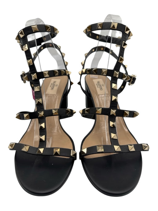 Valentino Shoe Size 40 Black & Gold Leather Caged Rockstud Open Toe Sandals Black & Gold / 40