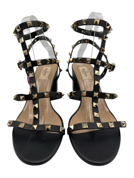 Valentino Shoe Size 40 Black & Gold Leather Caged Rockstud Open Toe Sandals Black & Gold / 40