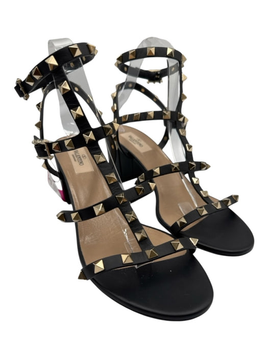 Valentino Shoe Size 40 Black & Gold Leather Caged Rockstud Open Toe Sandals Black & Gold / 40