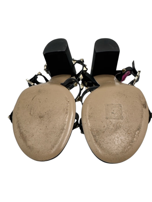 Valentino Shoe Size 40 Black & Gold Leather Caged Rockstud Open Toe Sandals Black & Gold / 40