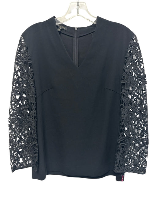Escada Size 36 Black Triacetate Long Sleeve Floral Lace V Neck Darted Top Black / 36
